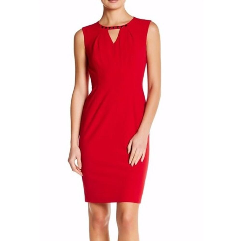 Nine‎ West Sz 4 Beaded Neck Sheath Dress Bright Red Black Career Work Business